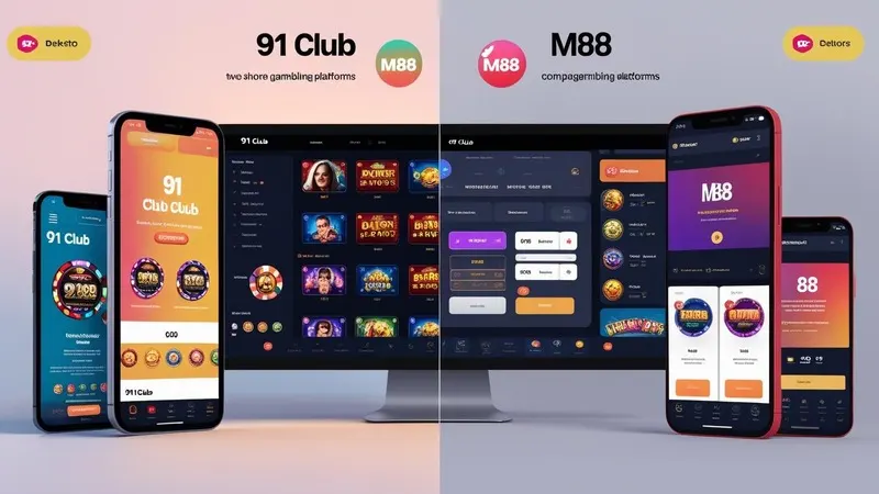 Side-by-side interface comparison of 91 Club and M88 on desktop and mobile.
