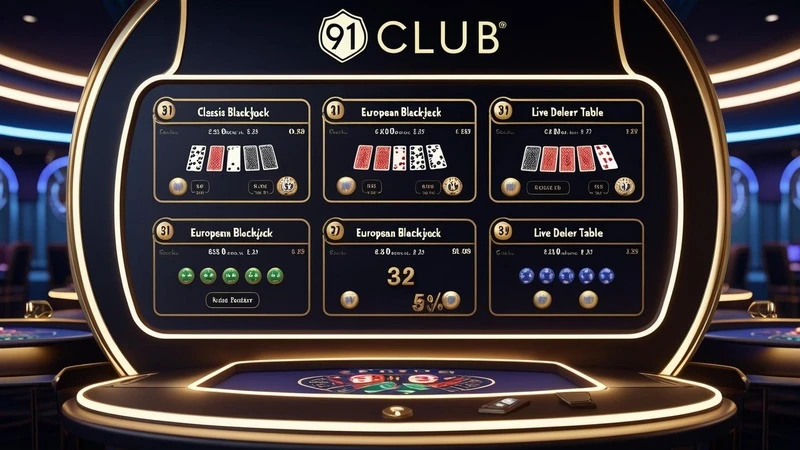 A digital blackjack table on 91 Club showing different game variants like Classic, European, and Live Dealer, with visual highlights on payout ratios and house edge percentages.
