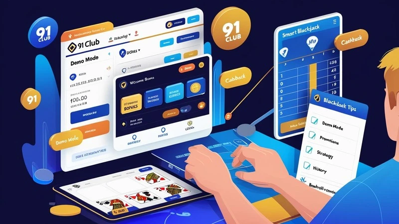 A visual guide showing a blackjack player on 91 Club following strategy tips—using demo mode, checking bonuses, studying gameplay history, and applying basic strategy for better results.