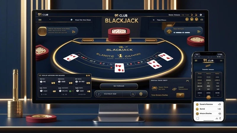 A sleek and responsive 91 Club blackjack interface displayed on desktop and mobile screens, featuring animated cards, clear betting zones, and strategic tools like real-time advice and game history tracking