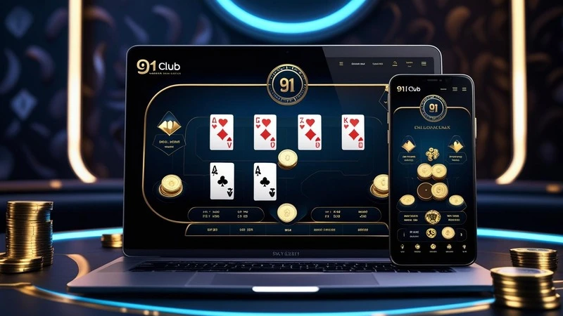 A player enjoying online blackjack across multiple devices—desktop, smartphone, and tablet—with a sleek, high-quality interface on the 91 Club platform