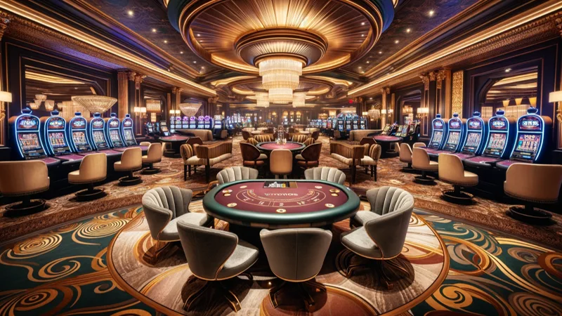 lively traditional casino floor with players and dealers at table games
