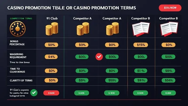 Detailed comparison table of promotion conditions between 91 Club and other betting platforms, showing bonus size, wagering requirements, and transparency