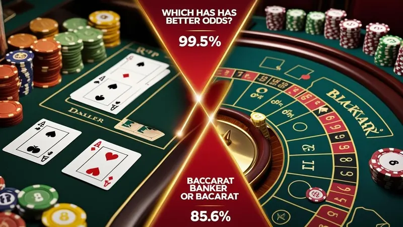 Colorful Visual Comparison Of Blackjack And Baccarat Showing Tables, Hands, And RTP Percentages