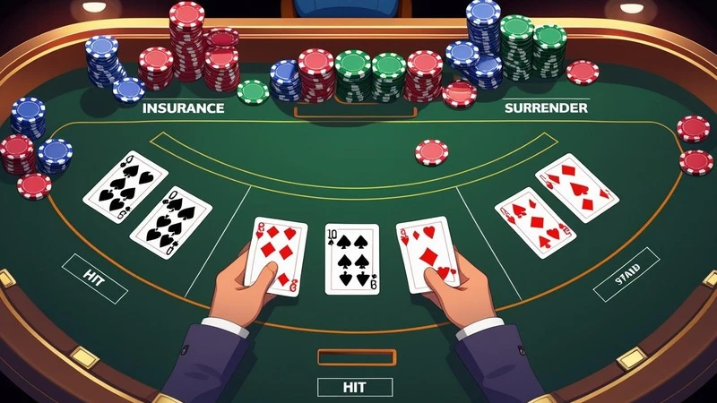 Illustrated Guide Showing Blackjack Player Options With Icons And Card Table Background