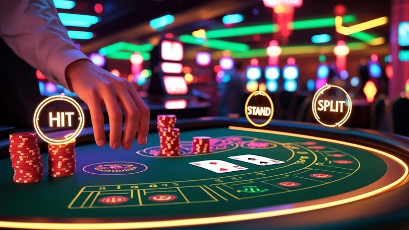 Blackjack Table With Glowing Cards And Player Decision Options Like Hit, Stand, And Split Displayed