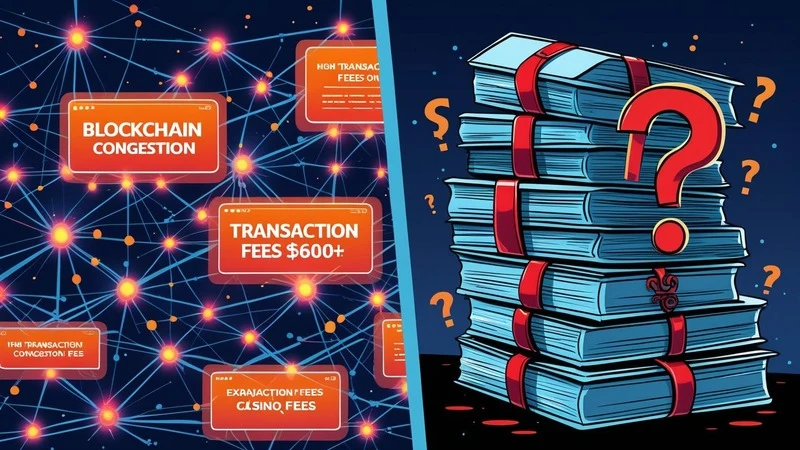 Split-screen depicting blockchain transaction delays and regulatory uncertainty facing online casinos.