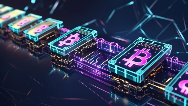 3D digital blockchain ledger showing interconnected blocks with cryptographic symbols representing security and immutability.