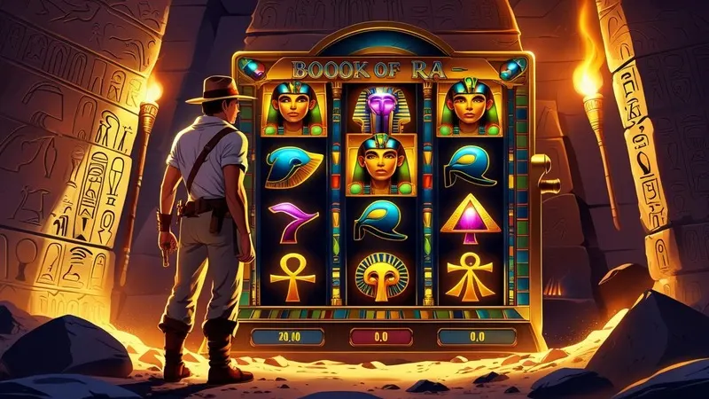 Book of Dead slot game featuring explorer Rich Wilde, Egyptian symbols on golden reels, and a tomb setting with ancient artifacts.