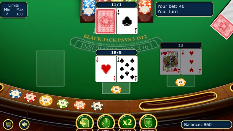 Classic Blackjack table with cards and chips in a traditional casino setting