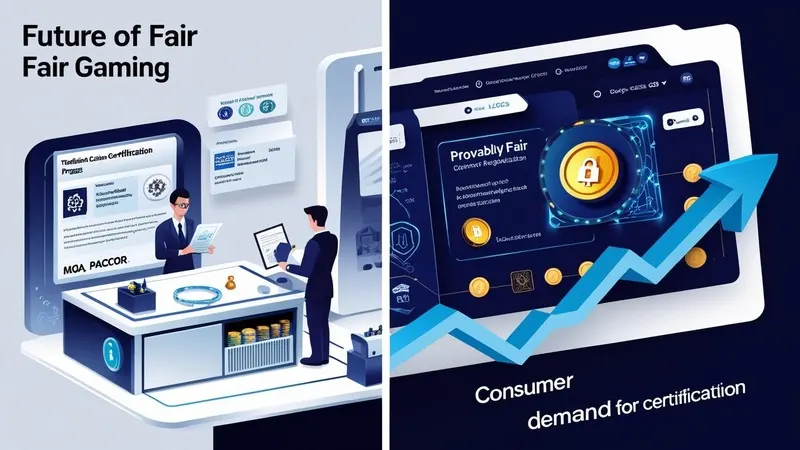 Infographic showing evolution from traditional certification to blockchain-based fair gaming.