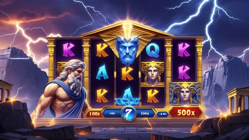 slot game gates of olympus showing zeus, glowing reels, and large multipliers with a mount olympus background