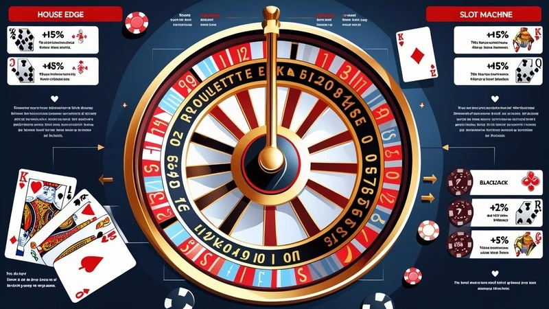 Infographic illustrating house edge concept in casino games including roulette, blackjack, and slots