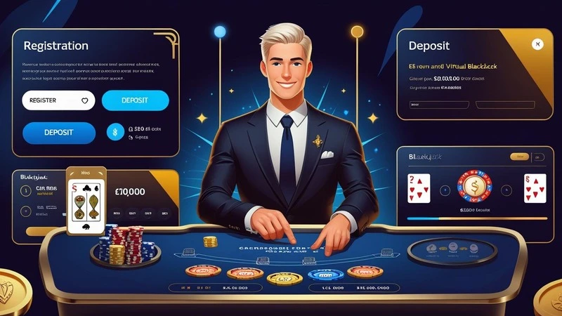 Step-by-step guide on how to play online blackjack, showing a user registering at a digital casino, funding their account, and placing bets on a virtual blackjack table