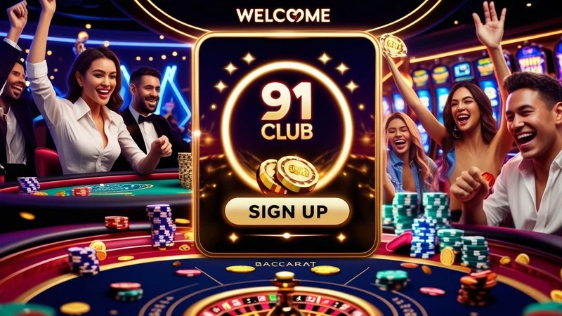 casino welcome screen with sign up button and live casino game previews