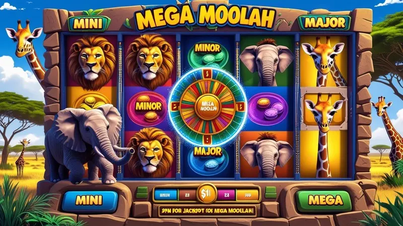 Mega Moolah slot with safari animals on the reels and a colorful jackpot wheel offering massive prizes.