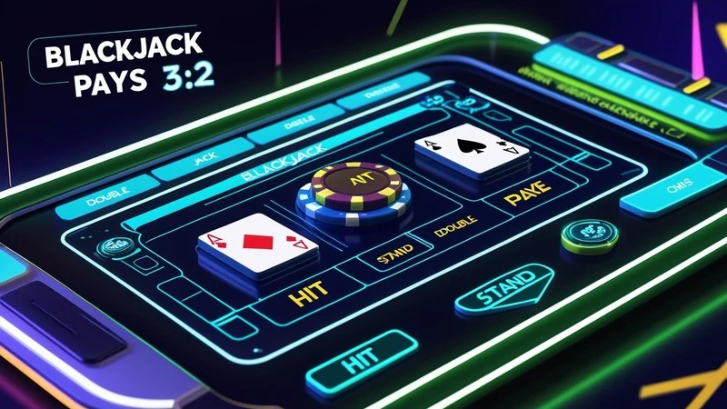 Digital Blackjack Game Interface With Bright Neon Colors And Betting Options