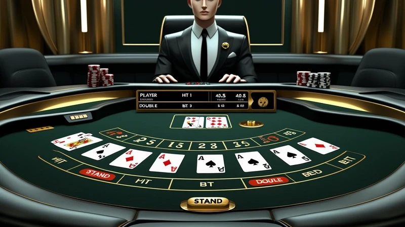 Overview of online blackjack gameplay showing cards, dealer, and digital casino platform interface