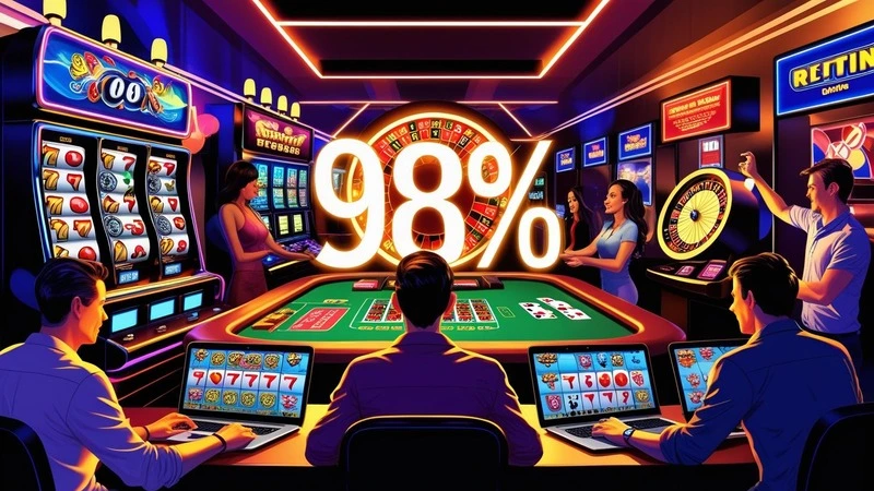 Players engaging with various online casino games with a prominent RTP symbol highlighting the importance of Return to Player rate.