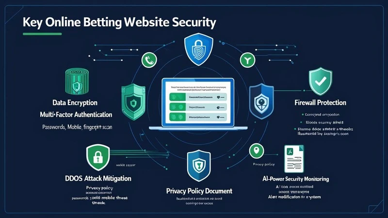 Infographic showing data encryption layers, multi-factor authentication, firewall protection, DDoS mitigation, privacy policies, and AI security monitoring on betting websites.