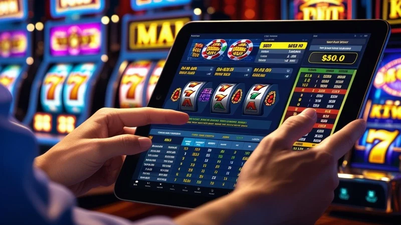 player using digital device to plan strategy with slot machine reels and bankroll charts in online casino setting
