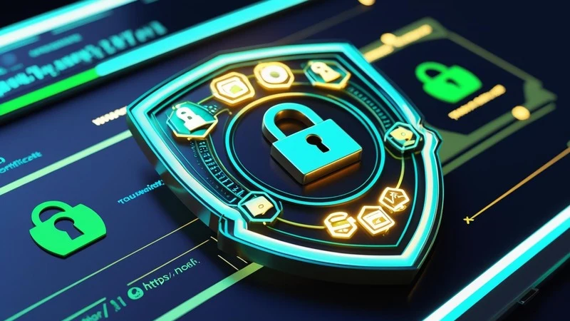 Digital illustration of an SSL certificate badge with padlock and encryption symbols showing secure website authentication
