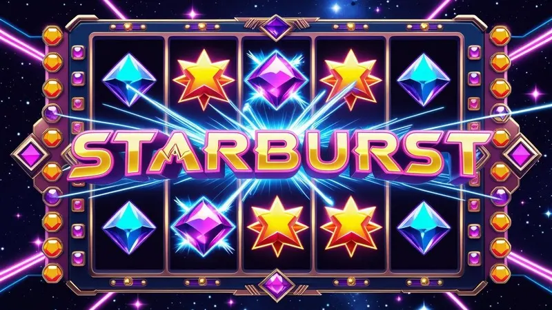 Starburst slot game with colorful gemstone symbols and expanding wilds against a deep space backdrop.