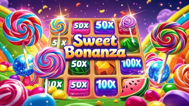 sweet bonanza slot with candy symbols, tumbling reels, and rainbow multiplier bombs in a vibrant candyland setting