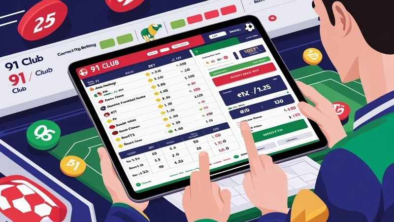 Illustration of common types of bets like Asian Handicap, 1X2, Over/Under, and more on a 91 Club sportsbook interface