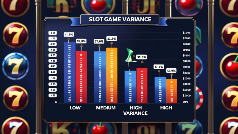 infographic showing payout distribution and variance levels for slot games with slot reels in background