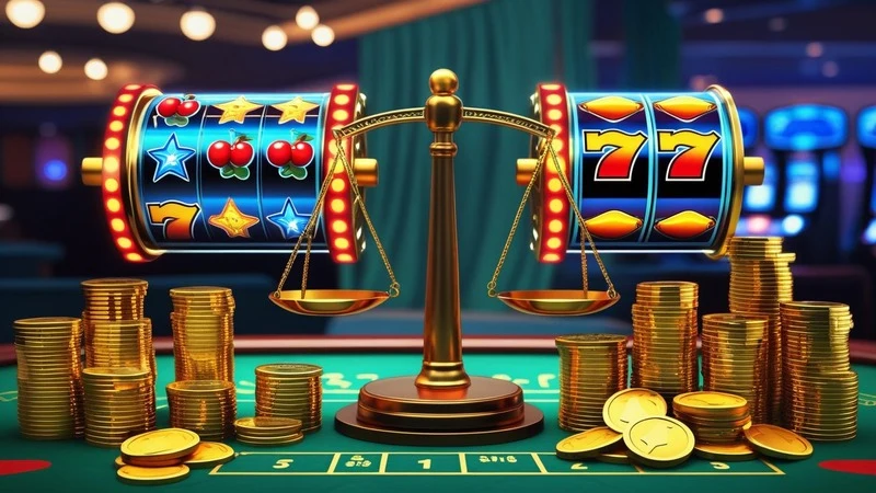 balanced scale showing frequent small wins versus rare big jackpots with slot machine reels and casino symbols